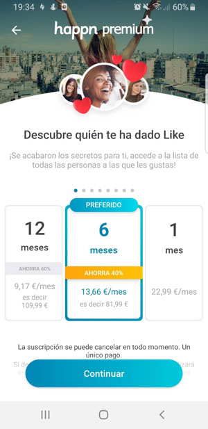 captura de pantalla de la página de compras del sitio de citas happn