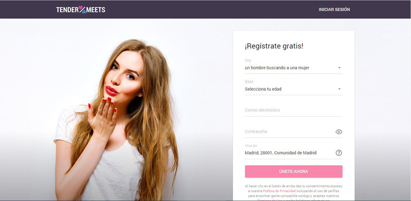screenshot of tendermeets registration form