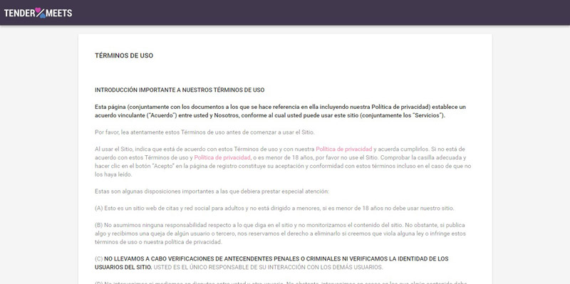 terms of Use at Tender Meets datung website