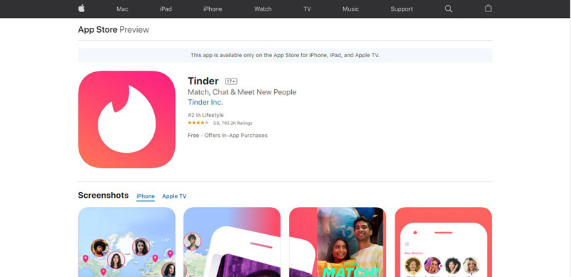 screenshot of tinder dating application in app store